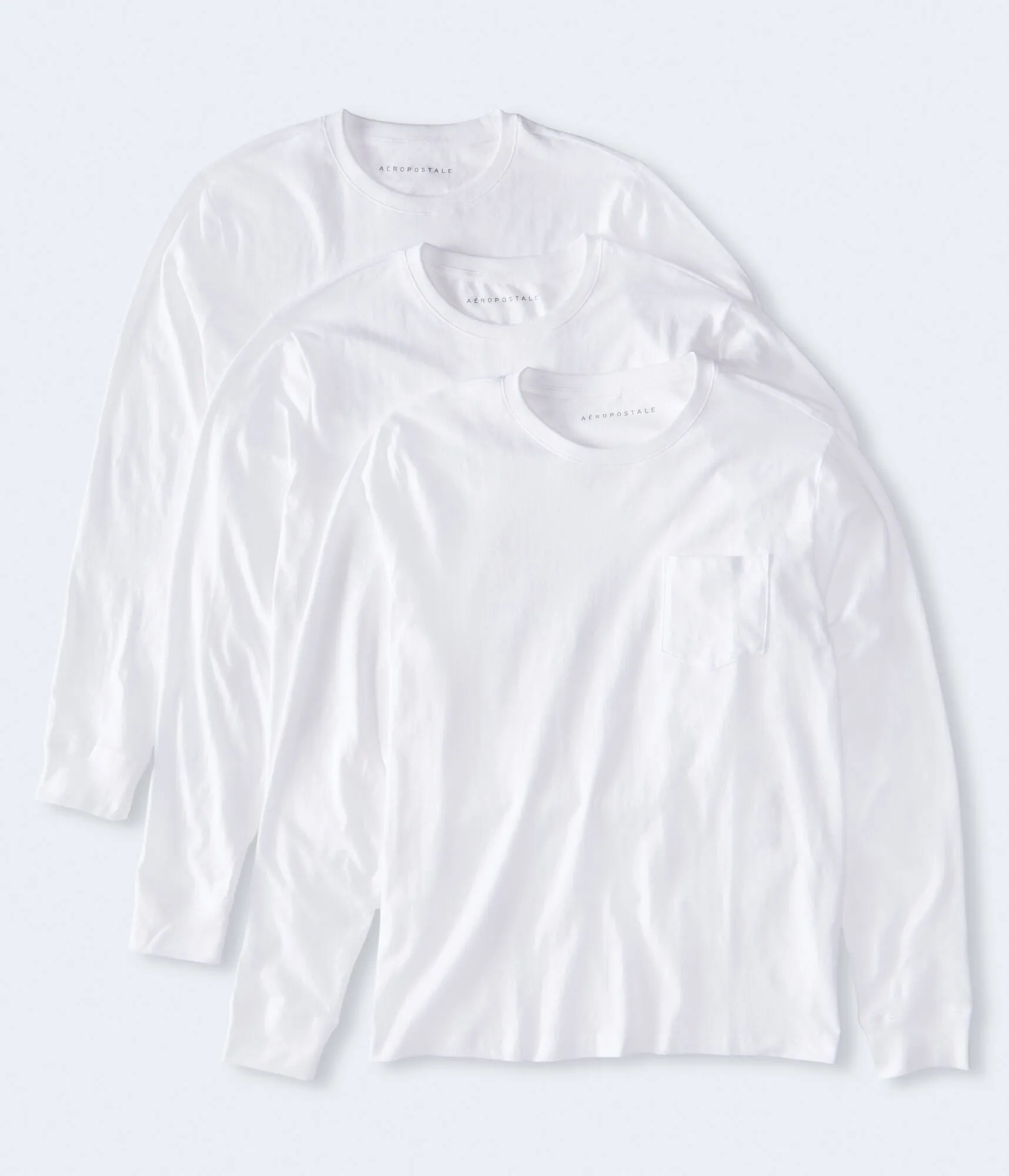 Aeropostale Mens' Long Sleeve Pocket Crew Tee 3-Pack - White - Size XXL - Cotton - Teen Fashion & Clothing Bleach