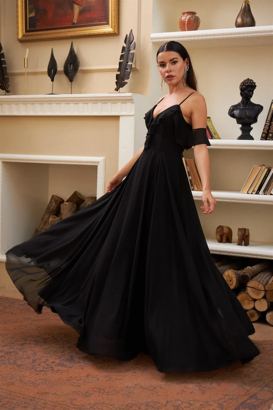 Angelino Black Chiffon Chest Long Evening Dress with Foward