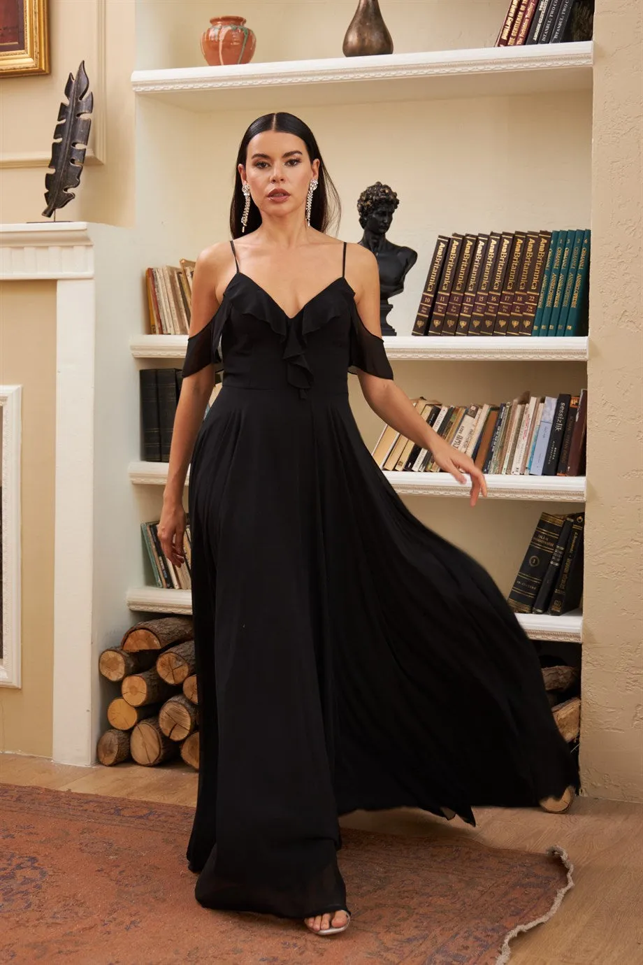 Angelino Black Chiffon Chest Long Evening Dress with Foward