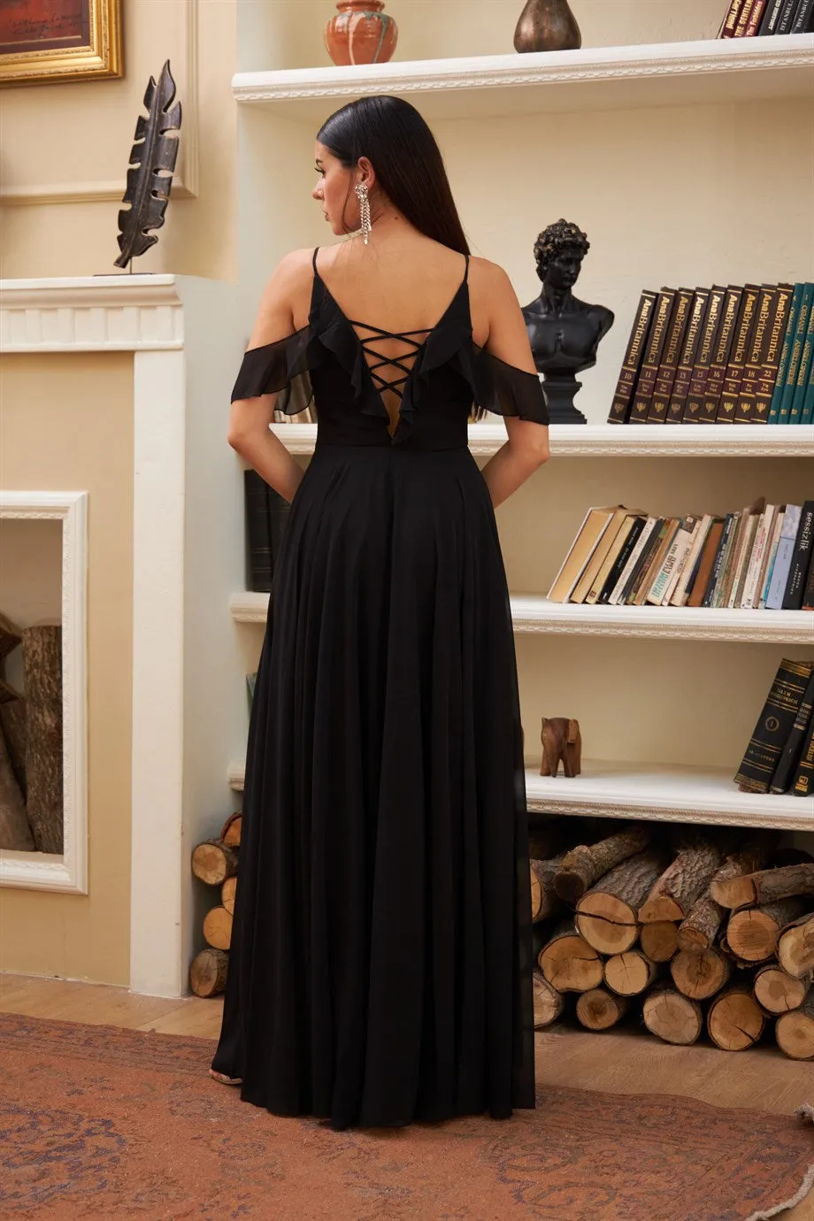 Angelino Black Chiffon Chest Long Evening Dress with Foward