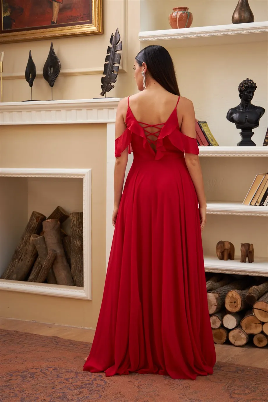 Angelino Red Chiffon Chest Long Evening Dress with Foward