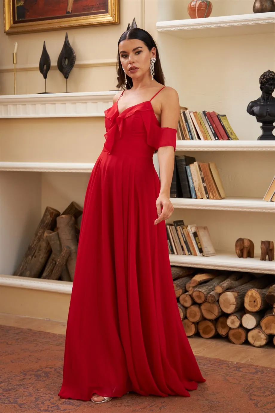 Angelino Red Chiffon Chest Long Evening Dress with Foward