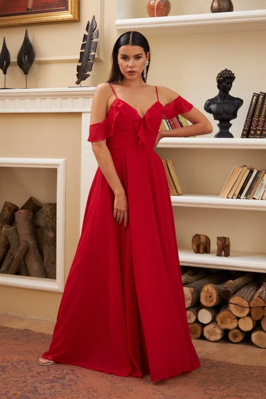 Angelino Red Chiffon Chest Long Evening Dress with Foward