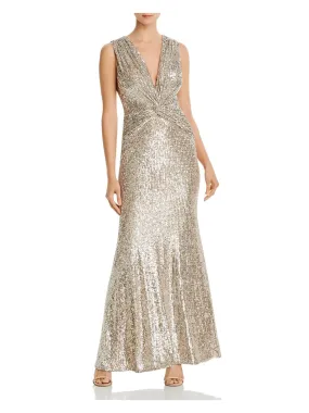 AQUA DRESSES Womens Silver Sequined Zippered Sleeveless Surplice Neckline Maxi Formal Gown Dress