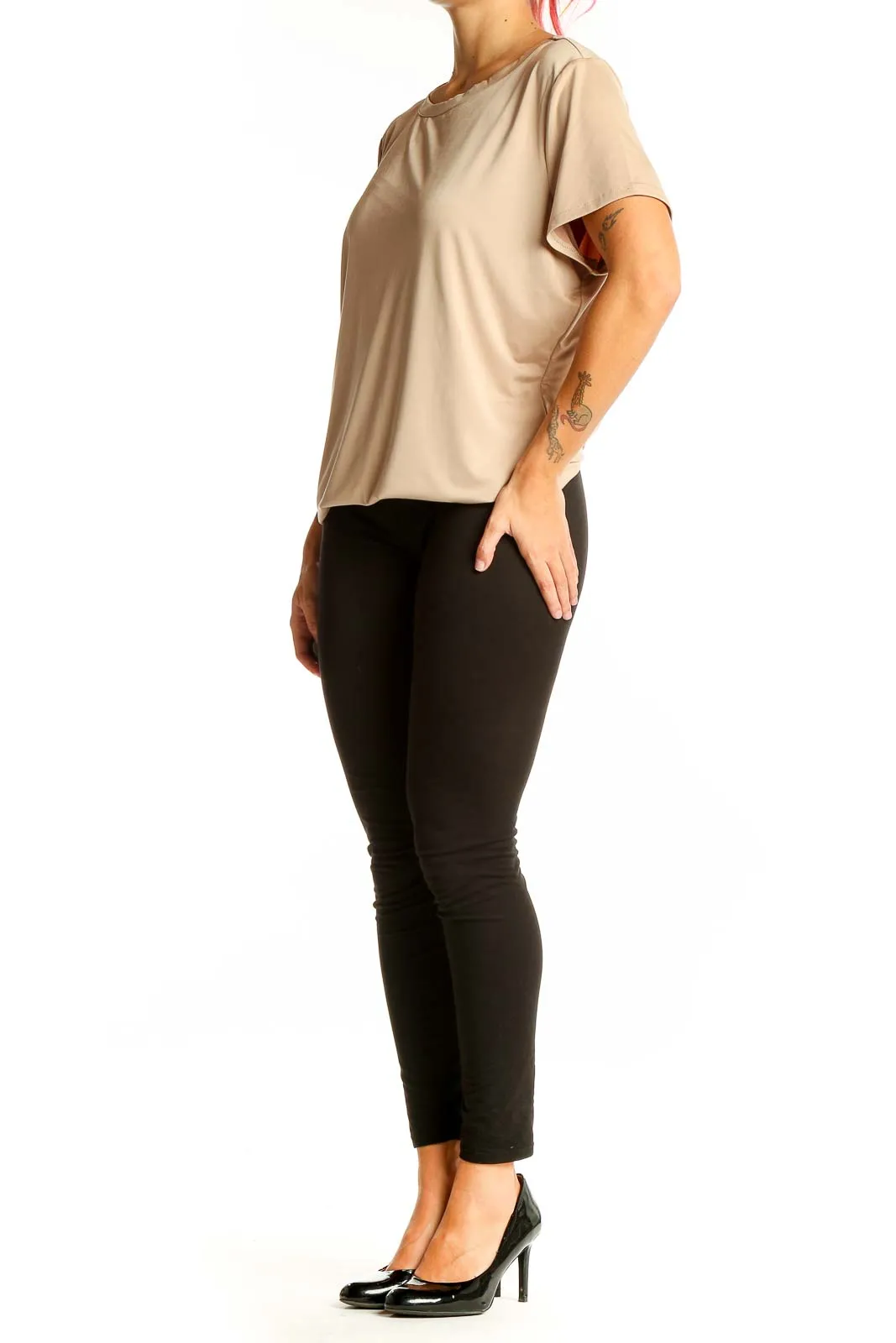 Beige Relaxed Fit Short Sleeve Top