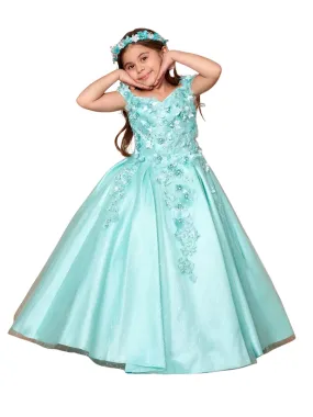 Big Girls Mint 3D Flower Organza Lace Off Shoulder Pageant Dress 8-16