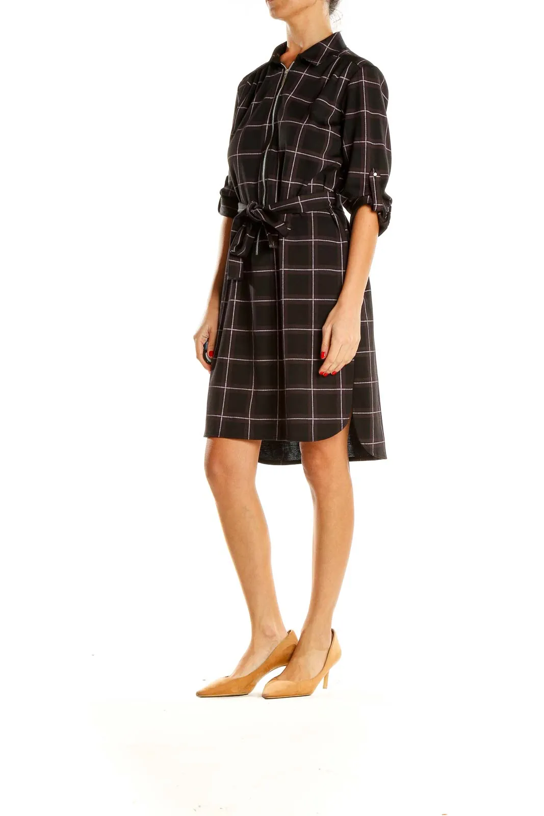 Black Checkered Casual Shirt Dress