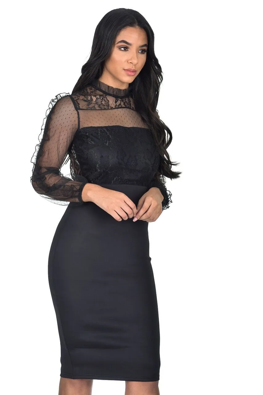 Black Lace Sheer Sleeve Midi Dress