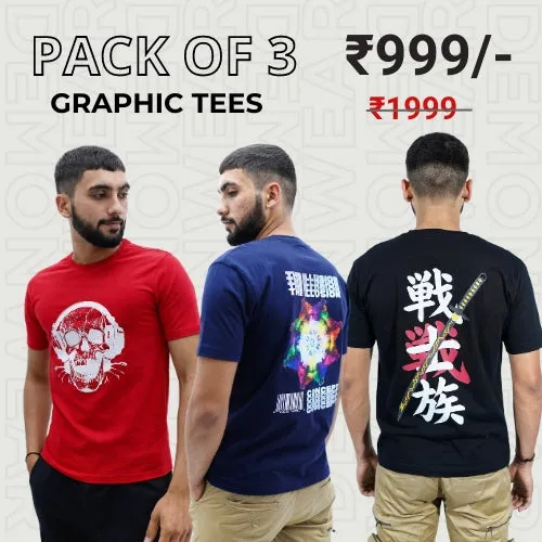 Demon Wear "Headphone Skull" "Samurai" "Concept" Graphic T-Shirt Combo Pack of 3 for Him