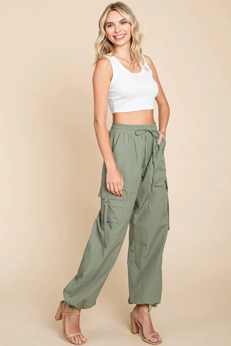 Drawstring Elastic Waist Cargo Pants with Pockets