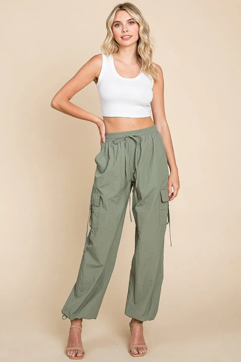 Drawstring Elastic Waist Cargo Pants with Pockets