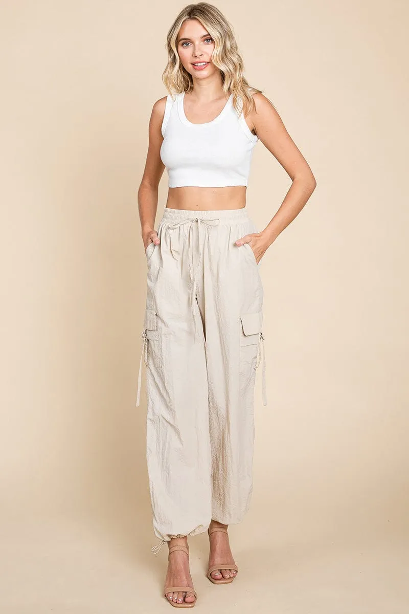 Drawstring Elastic Waist Cargo Pants with Pockets