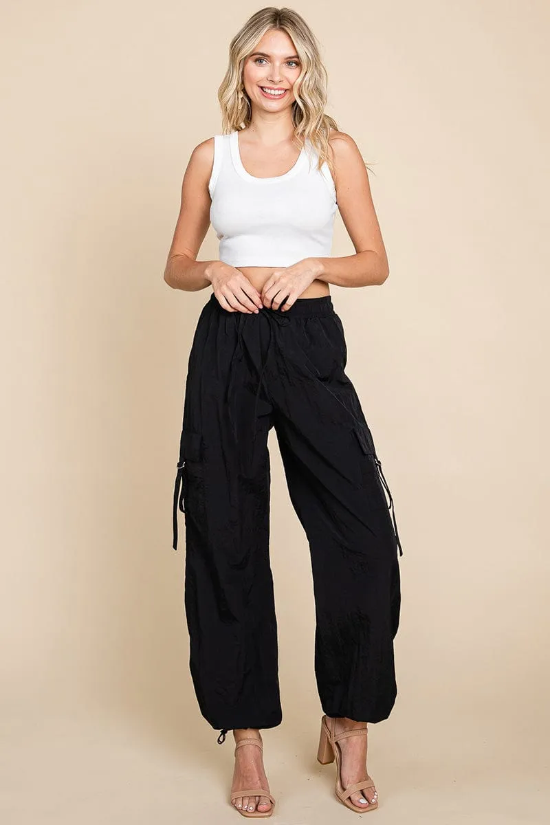 Drawstring Elastic Waist Cargo Pants with Pockets