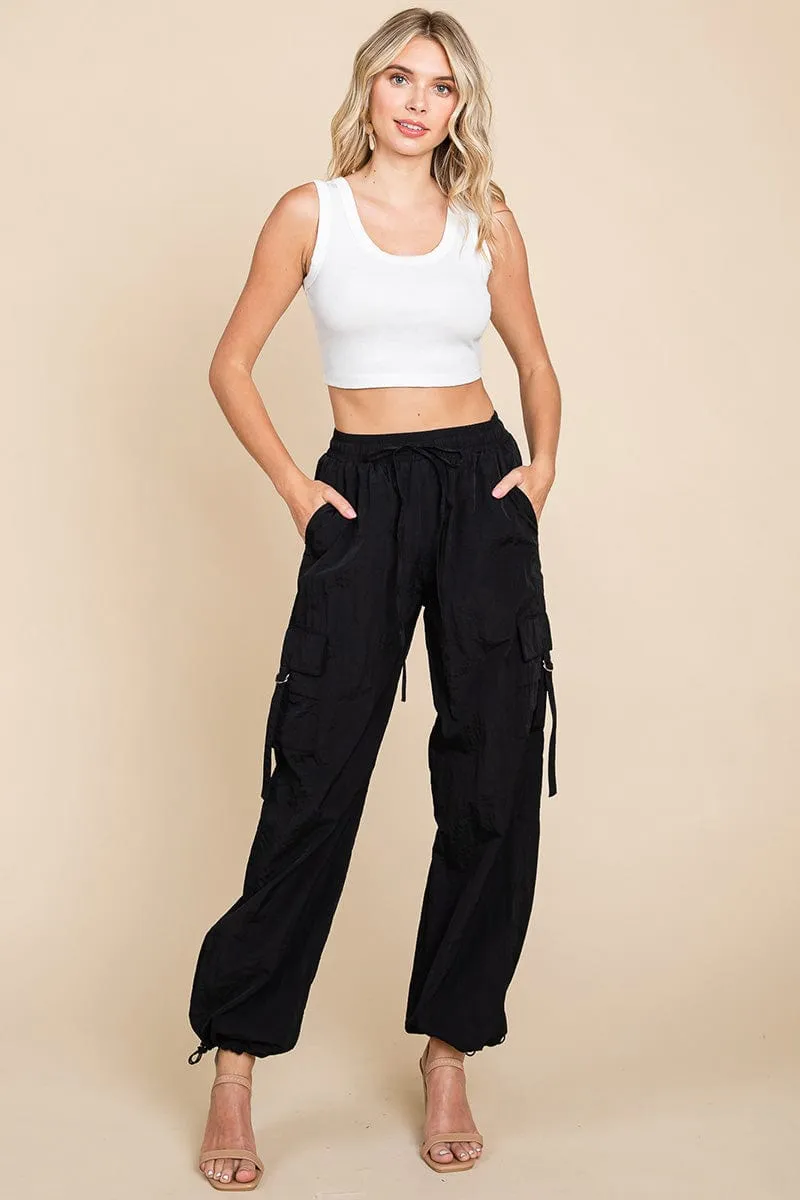 Drawstring Elastic Waist Cargo Pants with Pockets