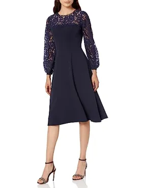 Eliza J Women's Long Sleeve Crew Neck Midi Dress, Navy