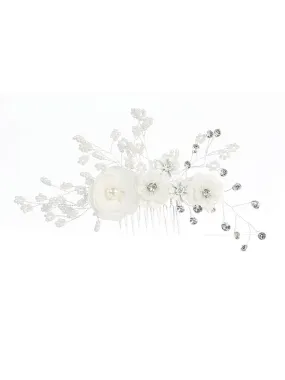 Girls White Floral Rhinestone Beads Comb