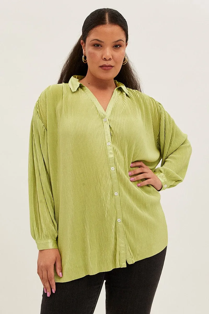 Green Relaxed Shirts Long Sleeve Plisse