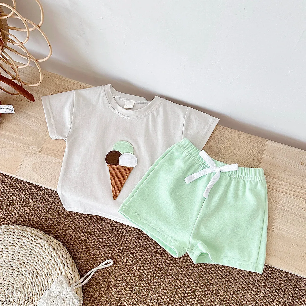 Ice Cream Tee & Solid Shorts Set