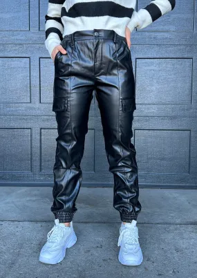 Into You Leather Cargo Joggers Black