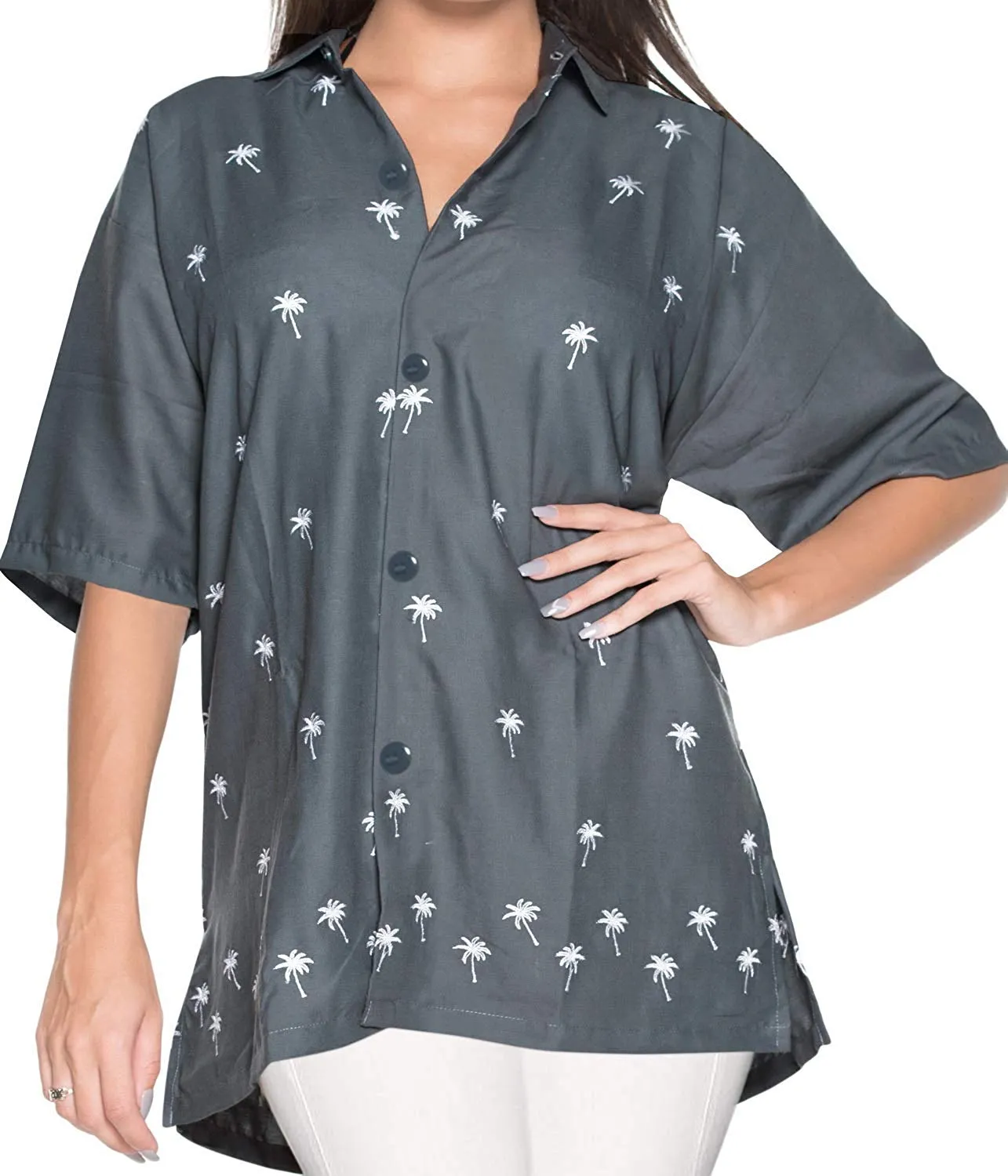 LA LEELA Women's Beach Button Down Short Sleeve Camp Casual Blouse Palm Tree