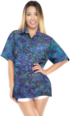 LA LEELA Women's Beach Button Down Short Sleeve Casual Floral hand printed Blouse Multicolor