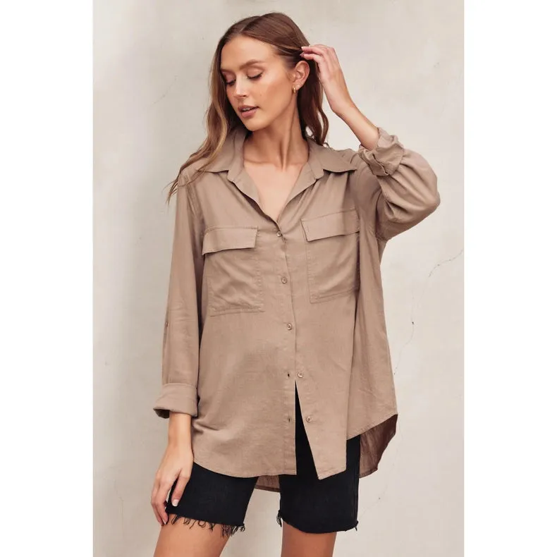 Linen Blend Relaxed Shirt  MUSHROOM