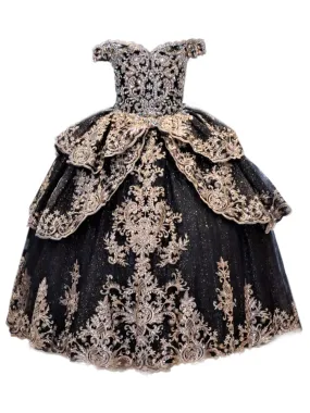 Little Girls Black Glittery Gold Embroidered Off Shoulder Ball Gown 3-6