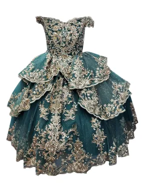 Little Girls Emerald Green Glittery Gold Embroidered Off Shoulder Tiered Ball Gown 3-6