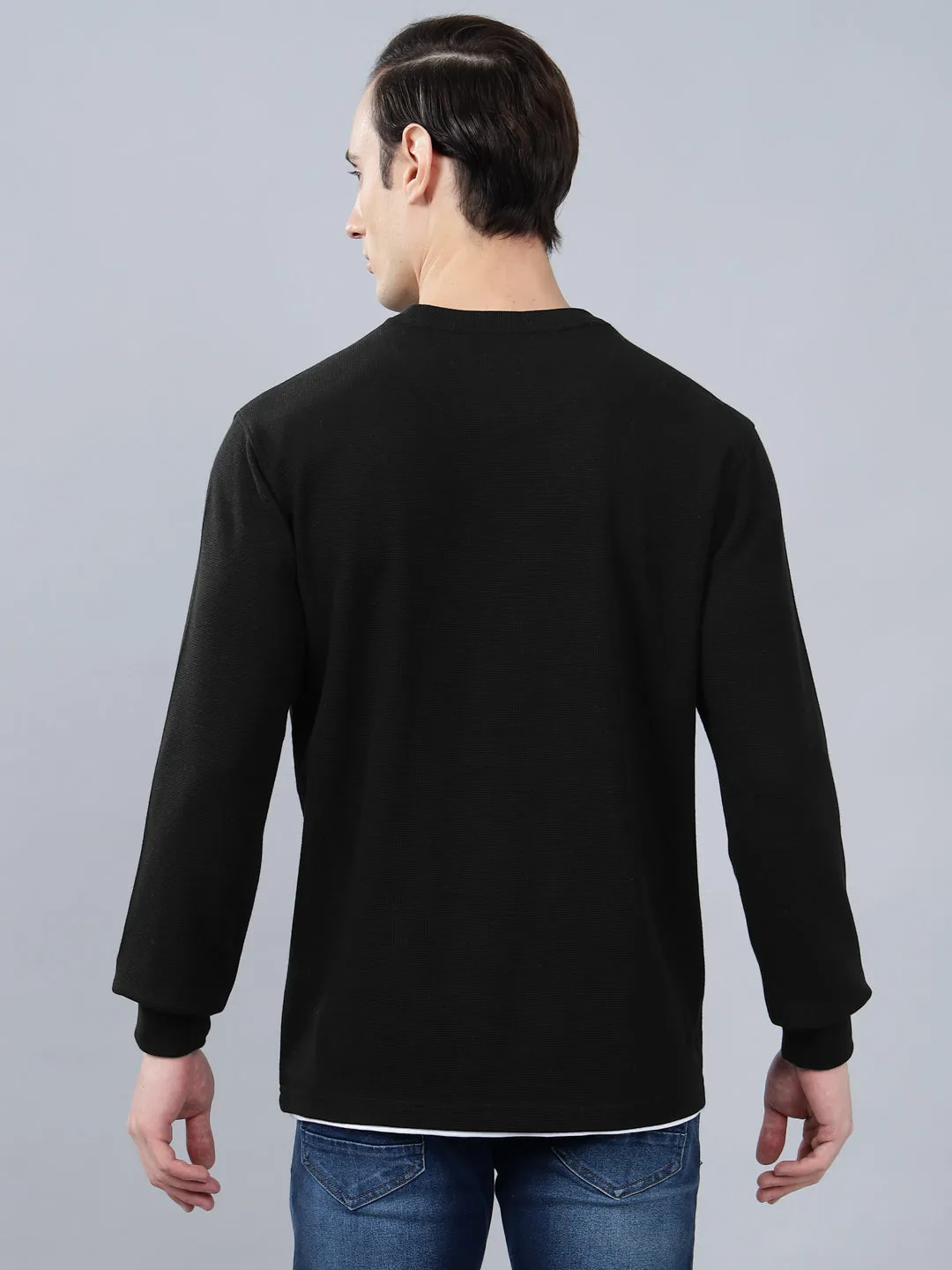 Men's Black Self Design Full Sleeves T-shirt For Winter