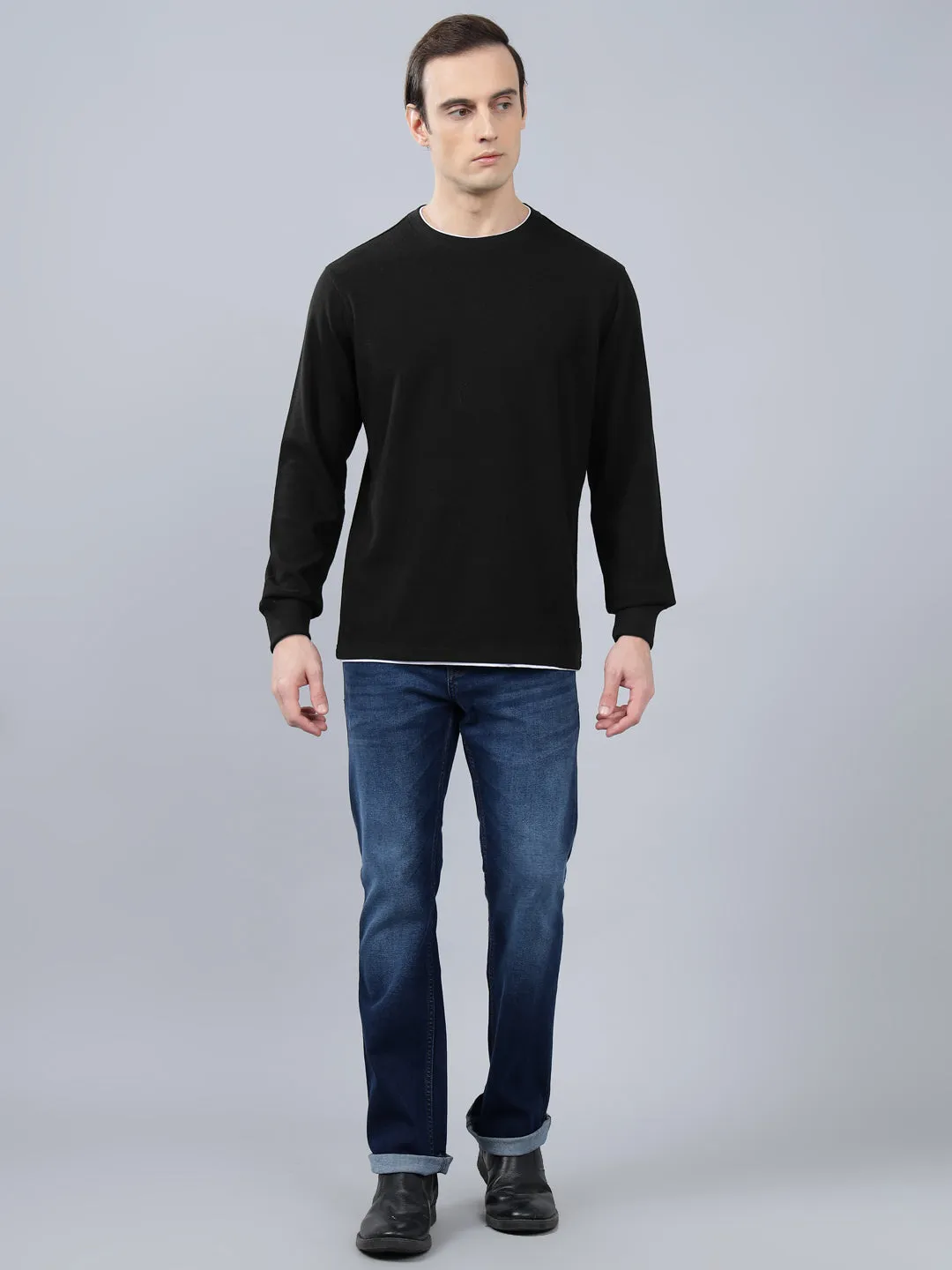 Men's Black Self Design Full Sleeves T-shirt For Winter