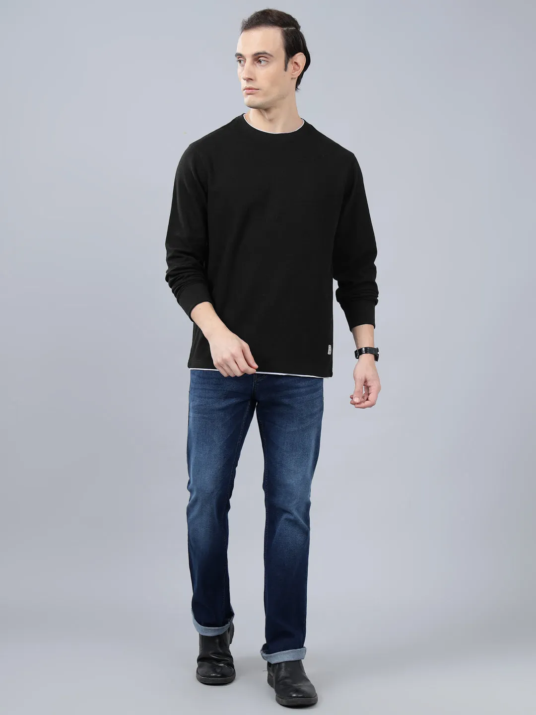 Men's Black Self Design Full Sleeves T-shirt For Winter