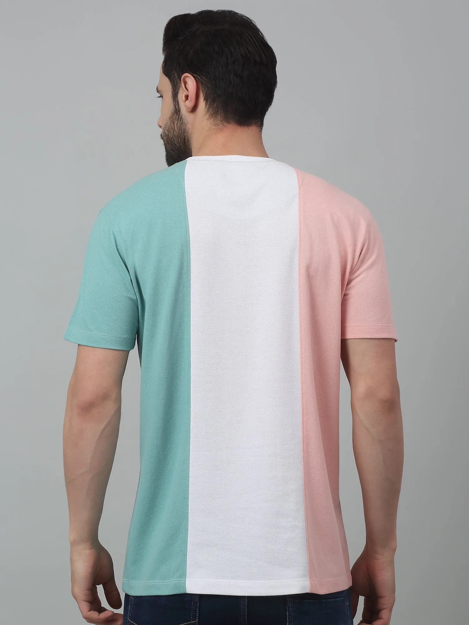 Men's Light Pink Vertical 3 color block Round neck Half Sleeve T-Shirt