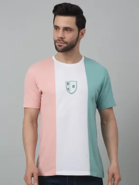 Men's Light Pink Vertical 3 color block Round neck Half Sleeve T-Shirt