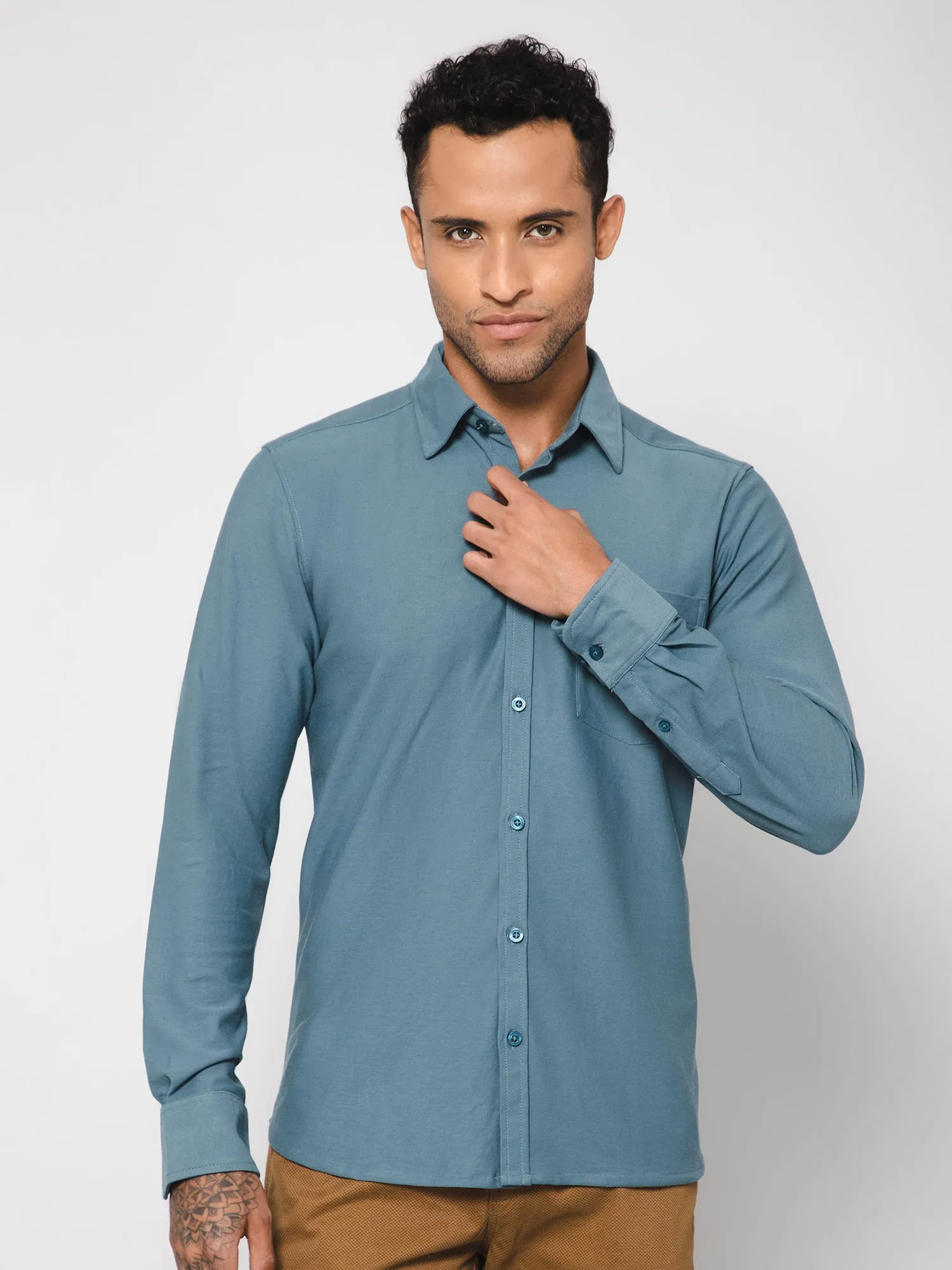 Men's Teal Blue Casual Knit Self Textured Full Sleeve Shirt