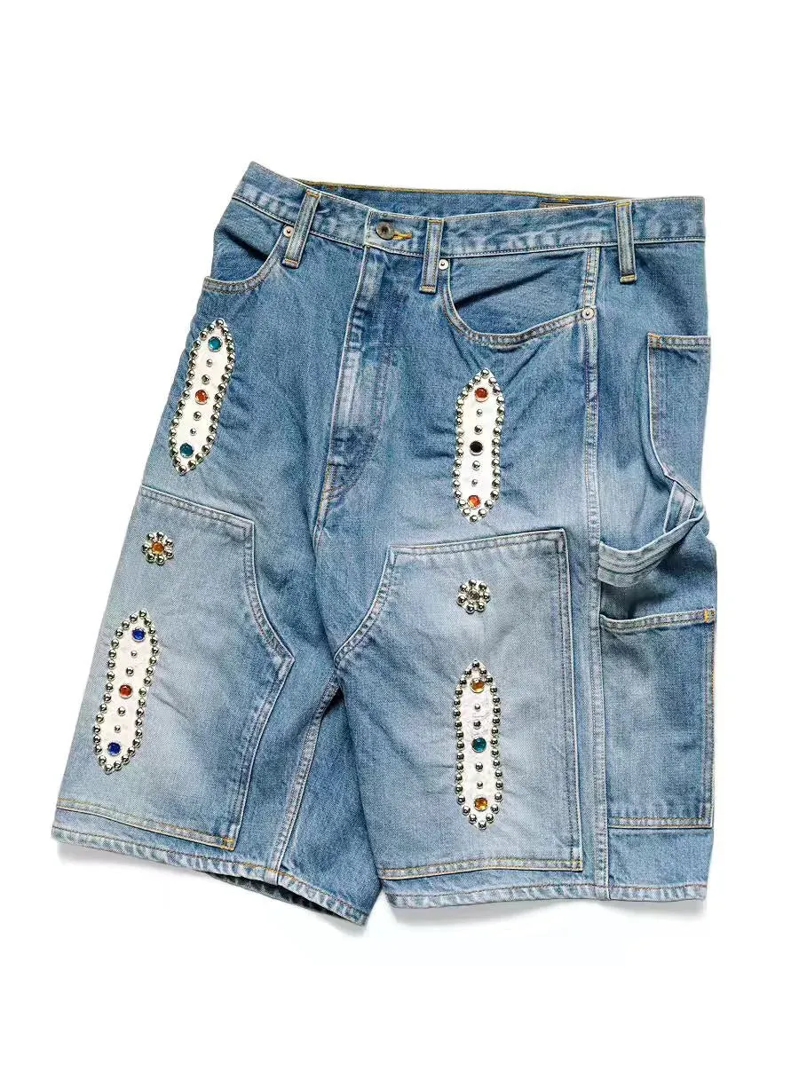 Non Hirata Hohiro Cotton Beading Denim Shorts - Loose Relaxed Fit