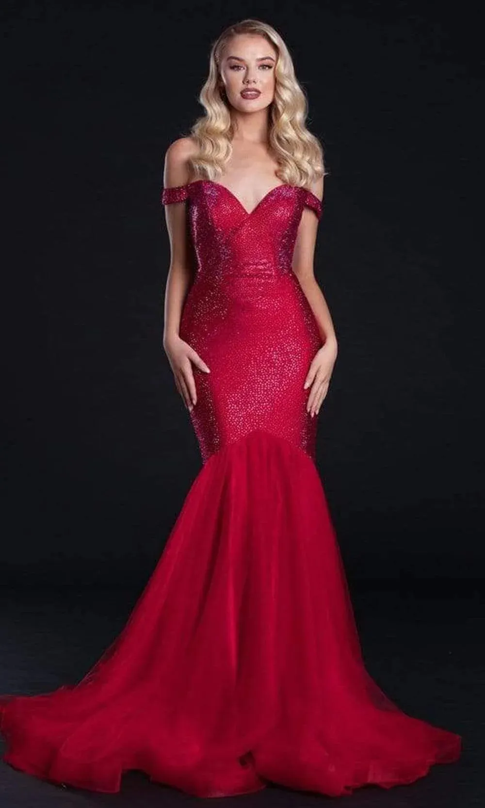 PORTIA & SCARLETT PS21251 Glittered Off-Shoulde Trumpet Gown