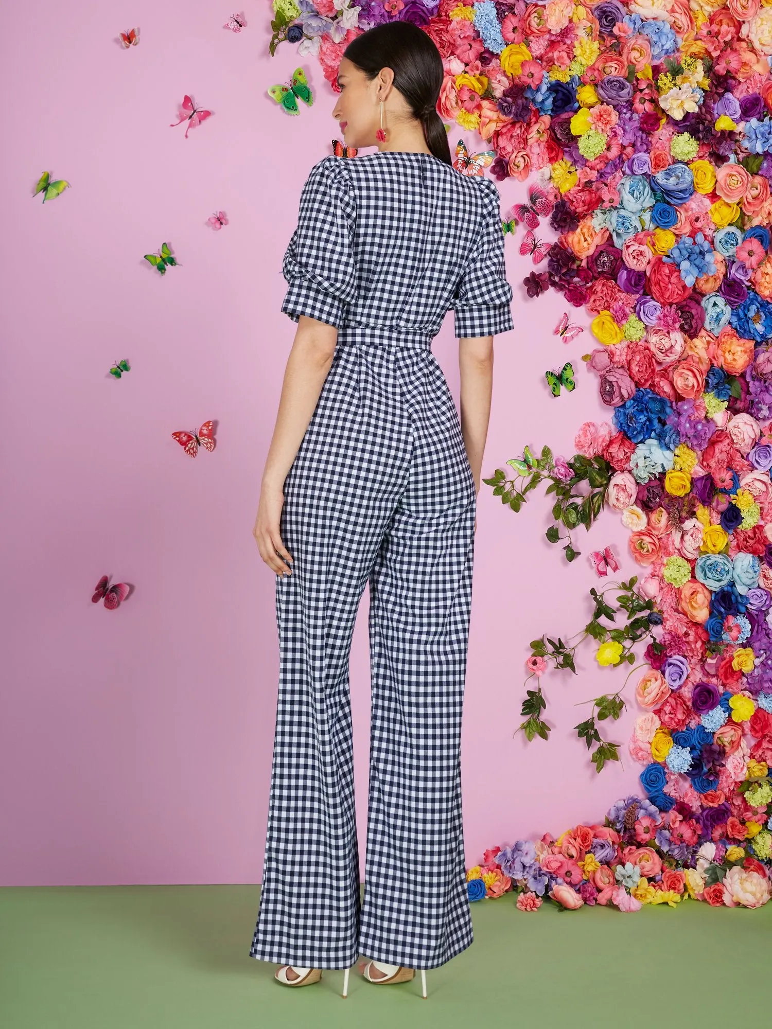 Puff-Sleeve Gingham Jumpsuit