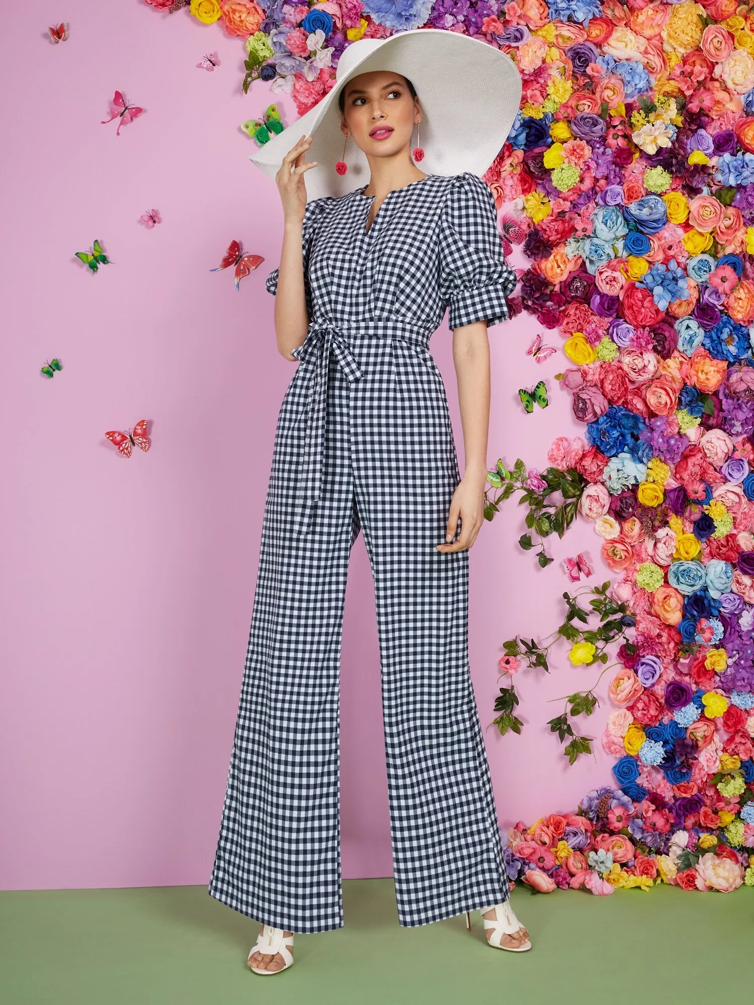 Puff-Sleeve Gingham Jumpsuit