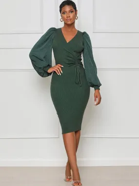 Ribbed Lantern Sleeve Patchwork Bodycon Midi Dresses