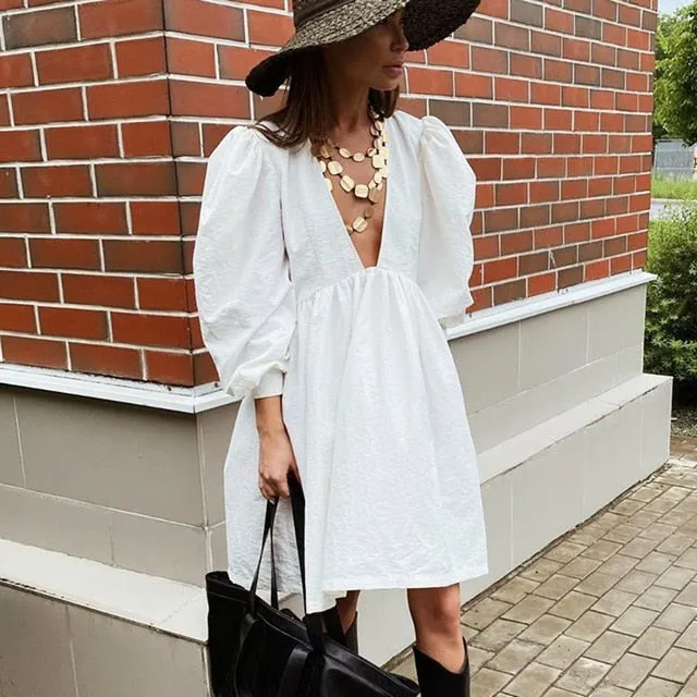 VenusFox Casual Mini Fit and Flare Dress Women Puff Sleeve V Neck Black Party Dresses White Buttons Long Sleeve