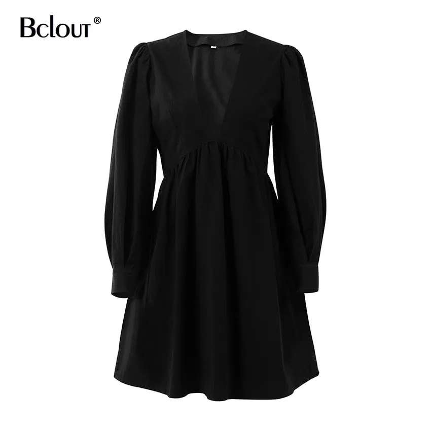 VenusFox Casual Mini Fit and Flare Dress Women Puff Sleeve V Neck Black Party Dresses White Buttons Long Sleeve