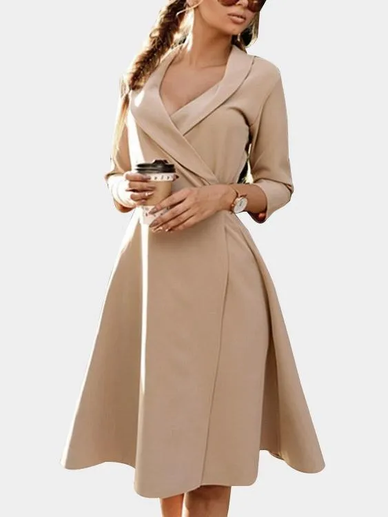 Wholesale Beige V-Neck 3/4 Length Sleeve Plain Lace-Up Casual Dresses