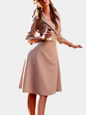 Wholesale Beige V-Neck 3/4 Length Sleeve Plain Lace-Up Casual Dresses