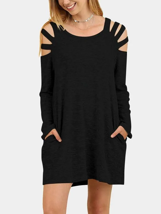 Wholesale Black Round Neck Long Sleeve Cut Out Casual Dresses