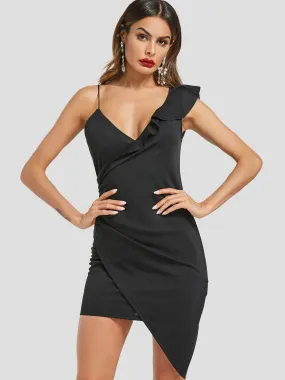 Wholesale Black V-Neck One Shoulder Sleeveless Zip Back Wrap Irregular Hem Casual Dresses