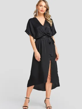 Wholesale Black V-Neck Short Sleeve Plain Self-Tie Wrap Slit Hem Casual Dress