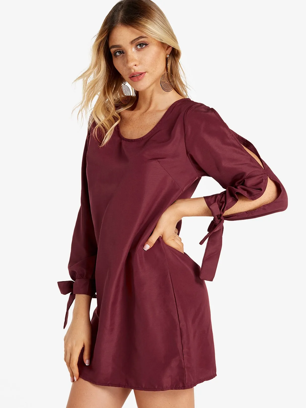 Wholesale Cold Shoulder Long Sleeve Self-Tie Burgundy Casual Dresses