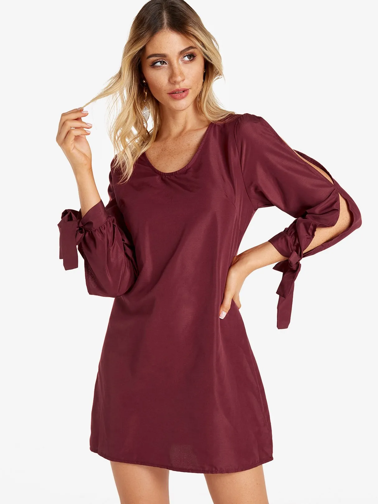 Wholesale Cold Shoulder Long Sleeve Self-Tie Burgundy Casual Dresses