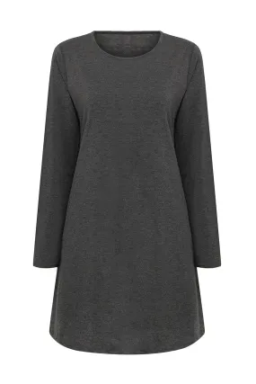 Wholesale Grey Round Neck Long Sleeve Plain Curved Hem Casual Dresses