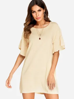 Wholesale Khaki Round Neck Half Sleeve Zip Back Casual Dresses